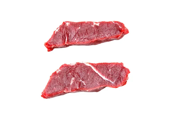 Zwei Stück rohes Rindfleisch Steak Streifen Lende. Isoliert. — Stockfoto