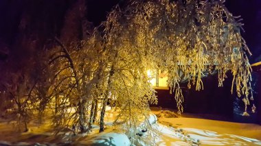 Ayaz geceler. Ağaç dalları buzla kaplı. Bir köy h