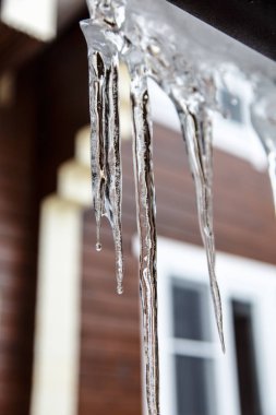 Buz sarkıtları çatı ve onları damlayan asmak. Bahar.
