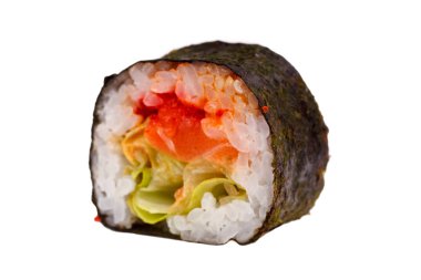 Japon pirinç, nori, salata, peynir, somon roll. Wh yakın çekim