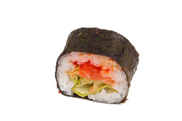 Arroz de rollo japonés, nori, ensalada, queso, salmón. Primer plano en wh — Foto de Stock
