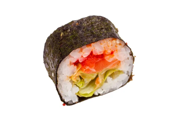 Arroz de rollo japonés, nori, ensalada, queso, salmón. Primer plano en wh — Foto de Stock