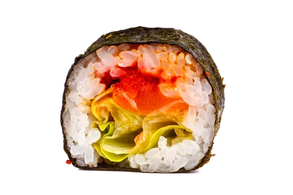 Arroz de rollo japonés, nori, ensalada, queso, salmón. Primer plano en wh — Foto de Stock