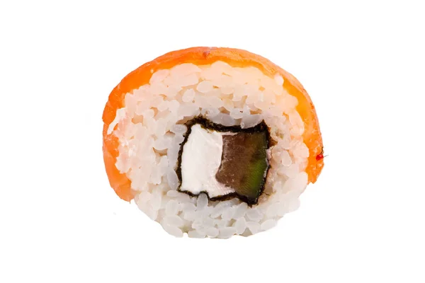 Arroz rollo japonés, nori, aguacate, queso, salmón. Primer plano en —  Fotos de Stock