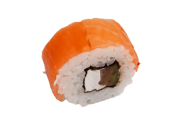Japanese roll rice, nori, avocado, cheese, salmon . Close-up on — Stock Photo, Image