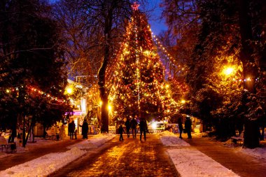 Noel ağacı gece Park, ışıklar ve oyuncaklar