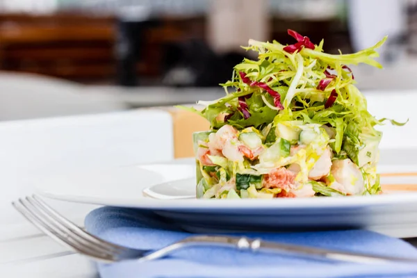 Insalata con avocado o cetriolo gamberetti granchio e frise . — Foto Stock