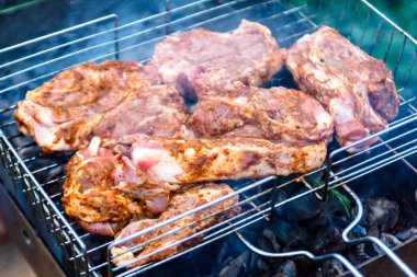 Bir dal biberiye ile kömürlerin üzerinde kavrulmuş et (domuz).