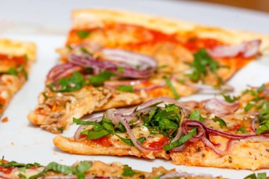 Ton balığı, peynir, domates, kırmızı soğan ile pizza tablodur.