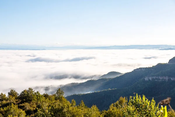 Clouds in the mountains lit by the sun. The view from the top.