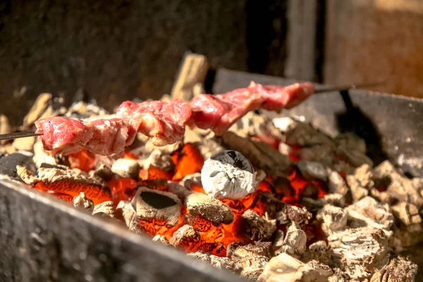 Shish kebab assar sobre as brasas vermelhas na grelha, churrasco . — Fotografia de Stock