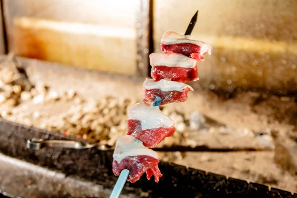 Shish kebab assar sobre as brasas vermelhas na grelha, churrasco . — Fotografia de Stock