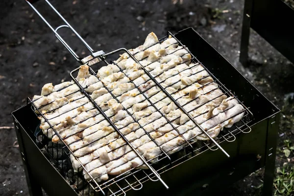 Espetos de frango ou carne fritos em um churrasco na grelha, bar — Fotografia de Stock