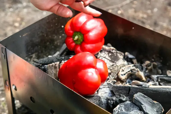 Red sweet peppers roasted on the grill, BBQ, picnic — Stock Photo, Image