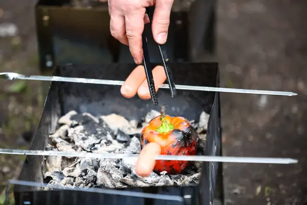 Enchidos fritos em uma grelha, churrasco, piquenique — Fotografia de Stock