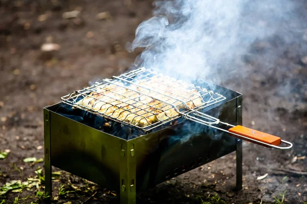 Espetos de frango ou carne fritos em um churrasco na grelha, bar — Fotografia de Stock