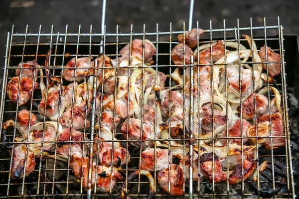 Grillspett av kyckling eller kött stekt på en grill på grillen, bar — Stockfoto