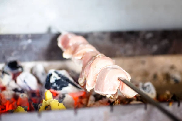 Kebabs são assados na grelha na fumaça . — Fotografia de Stock