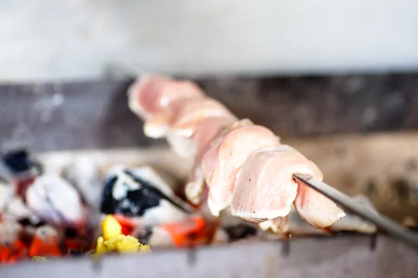 Kebab jsou pečené na grilu v kouři. — Stock fotografie