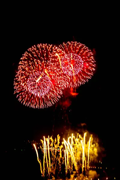 Fuegos artificiales de celebración en el fondo de la ciudad de la noche y el bl —  Fotos de Stock