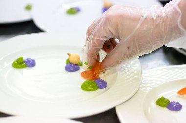 Cook bir tabak yemek yeşil sos ile Süsle