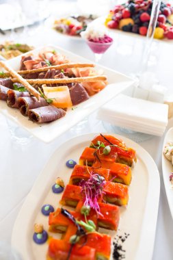 Somon ve diğer balık rulo bir ziyafet için aperatifler ben arasındadır