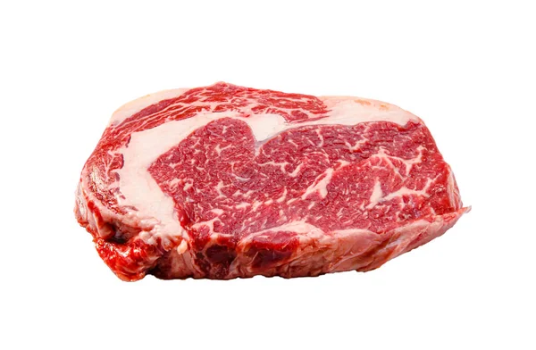 Ребровий стейк з мармурової зернистої яловичини лежить на білому фоні — стокове фото