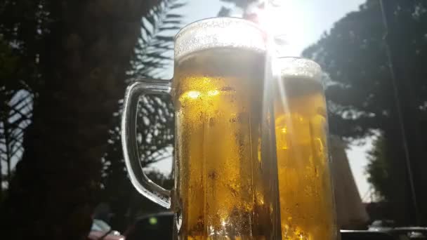 Uma Caneca Fumegante Cerveja Gelada Mesa Café Verão Cidade Sul — Vídeo de Stock
