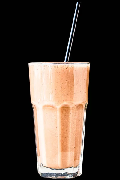 Brown Smoothie Cocktail Coffee Yogurt Large Glass Glass Black Background — Stock Photo, Image