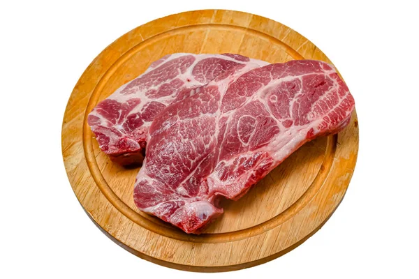 Raw Steak Pork Neck Tender Lies Wooden Board White Background — Stock Photo, Image