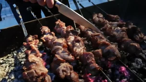 De kok controleert de bereidheid van de barbecue op spies op de grill over hete kolen. — Stockvideo