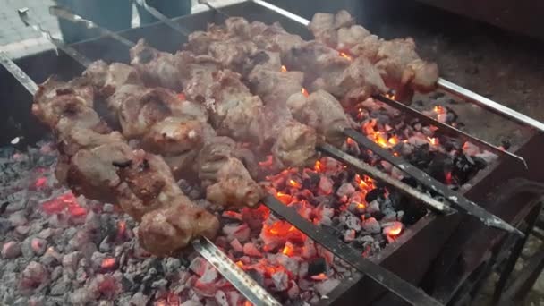 The cook prepares a barbecue on skewers on the grill over hot coals — Stock Video