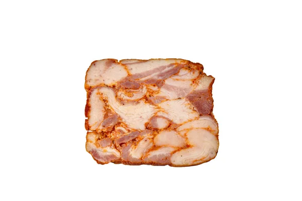 Fatias Bacon Forma Uma Linguiça Encontram Fundo Branco Isolados — Fotografia de Stock