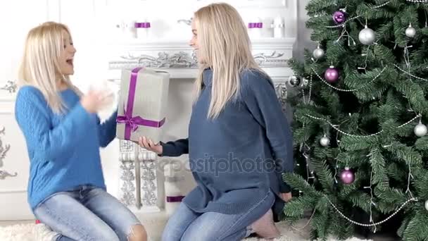Δύο κορίτσια ανταλλαγή χριστουγεννιάτικα δώρα — Αρχείο Βίντεο