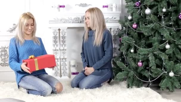 Dvě blond vlasy dámy výměnou vánoční dárky — Stock video