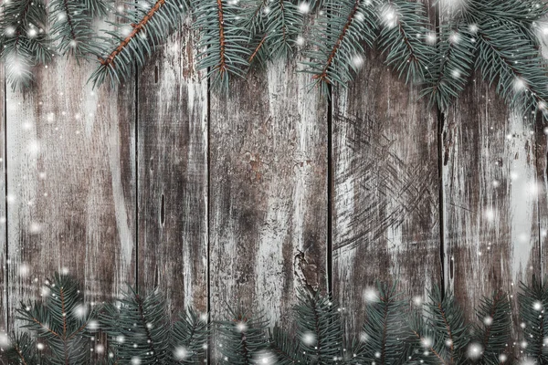 Old Wooden Background Space Greeting Card Green Fir Branches Top — Stock Photo, Image