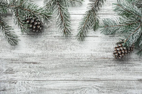 Fond Noël Avec Sapin Décoration Sur Planche Bois Sombre Couché — Photo