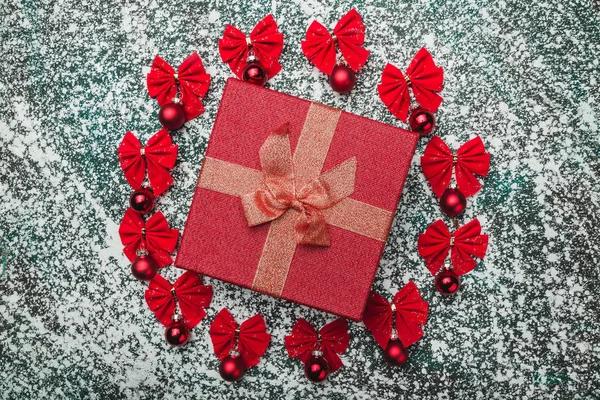 Upper Top View Christmas Present Box Circle Created Red Bows — Stock Photo, Image