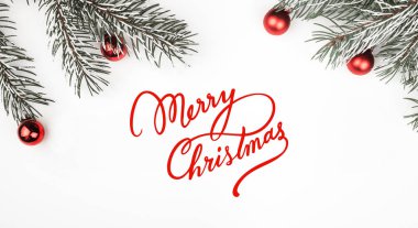 Çam dalları, Küre ve neşeli Noel işareti, her Noel tebrik kartı yukarıda, bakıldığında beyaz arka plan üzerinde Noel Tema