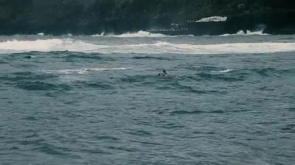 Uma Menina Nada Com Prancha Água Através Das Ondas Sons — Vídeo de Stock