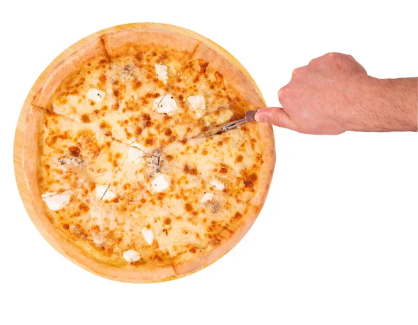 Pizza Cinco Queijos Parte Inferior Ardósia Isolado Pizza Corte Manual — Fotografia de Stock