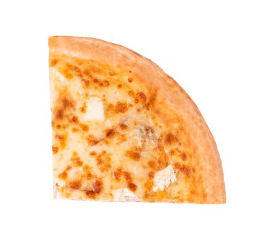 Bir dilim pizza beş peynir, beyaza izole edilmiş, üst manzara.