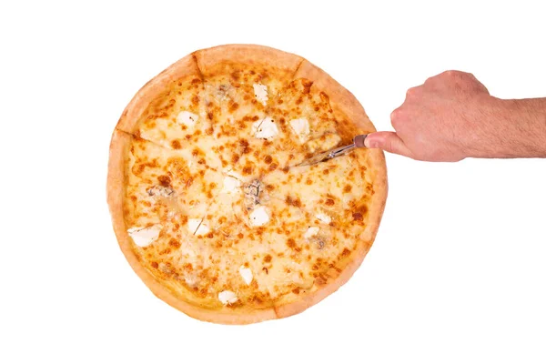 Pizza Cinco Queijos Pizza Corte Manual Isolado Branco Vista Superior — Fotografia de Stock