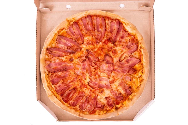 Bacon Pizza Caixa Papelão Vista Superior Isolado Branco — Fotografia de Stock