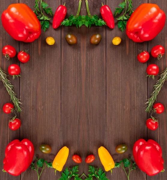 Frame Fresh Vegetables Copy Space Bell Peppers Cherry Tomatoes Rosemary — Stock Photo, Image