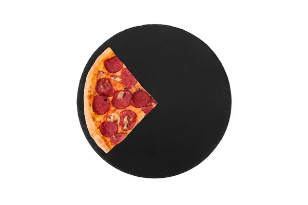 Kawałek Pizzy Salami Grzybami Dole Łupka Widok Góry Izolowany Białym — Zdjęcie stockowe