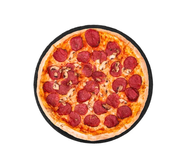 Salami Pizza Mit Pilzen Auf Schieferboden Isoliert Auf Weiß Ansicht — Stockfoto