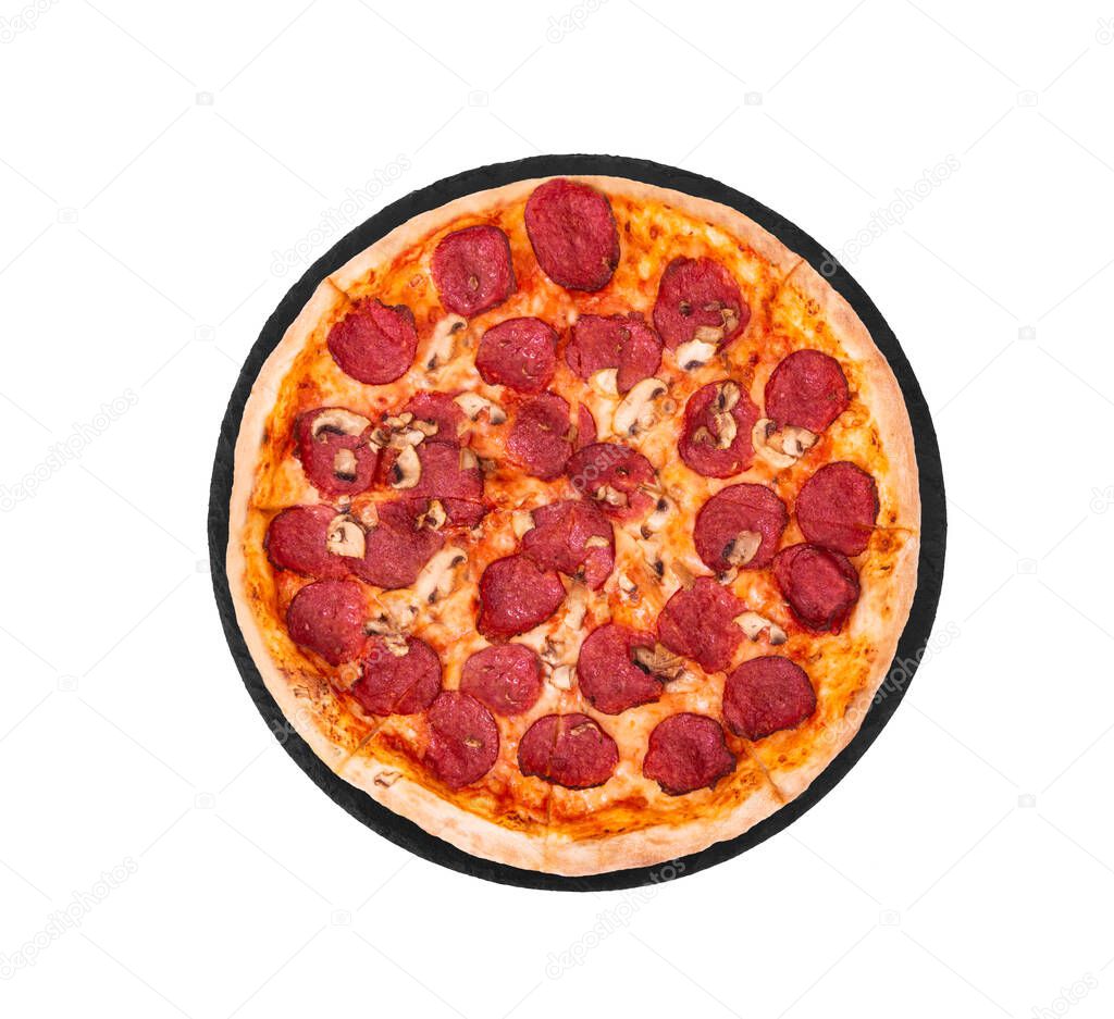 Salami pizza with mushrooms on slate bottom, isolated on white, top view