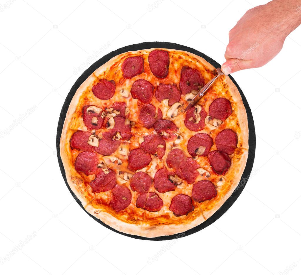 Salami pizza with mushrooms, on slate bottom, isolated on white, hand cutting pizza, top view