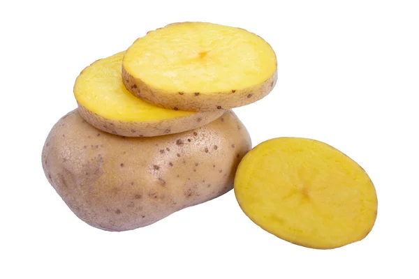 Uma Batata Inteira Fatias Cortadas Outra Batata Vegetais Frescos Outono — Fotografia de Stock